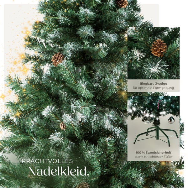 Künstlicher Weihnachtsbaum mit Tannenzapfen und biegbaren Zweigen inklusive stabilem Metallständer für sicheren Stand.