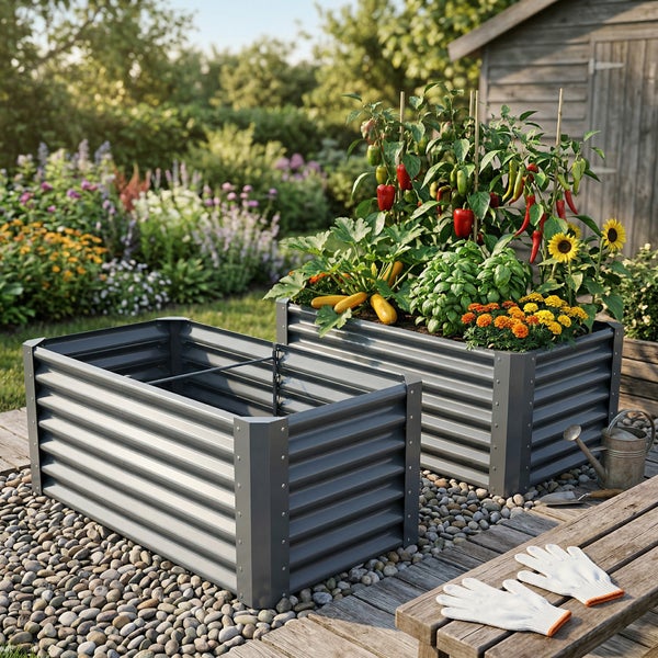 Klemmmarkise in Dunkelgrau, diagonal und senkrecht ausfahrbar, Neigungswinkel zwischen 0 und 90 Grad verstellbar.