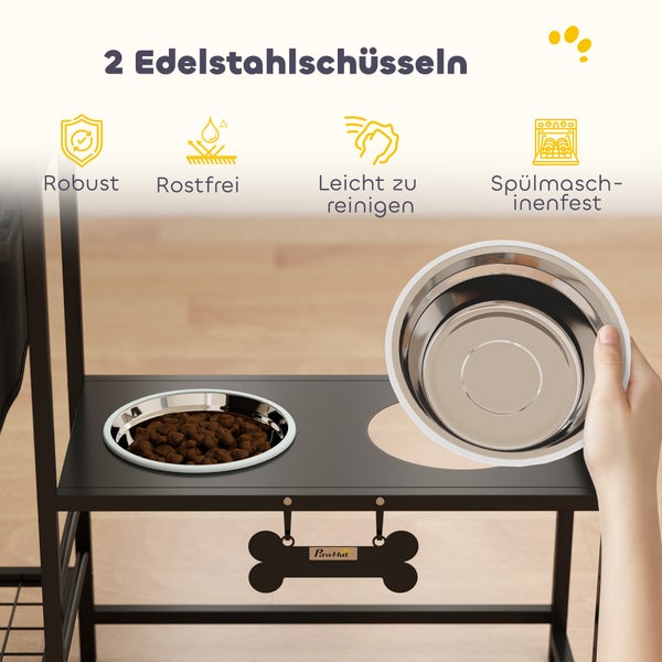 Zwei Edelstahlschüsseln für Haustiere in einem schwarzen Ständer mit PawHut Logo. Robust, rostfrei, pflegeleicht und spülmaschinenfest.
