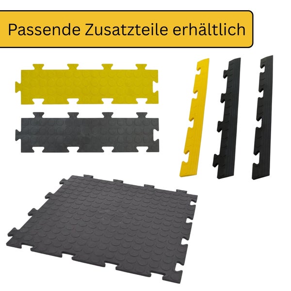 Ineinandergreifende Bodenfliesen mit Noppenstruktur für Werkstatt oder Garage sowie passende Randstücke und Zubehörteile.
