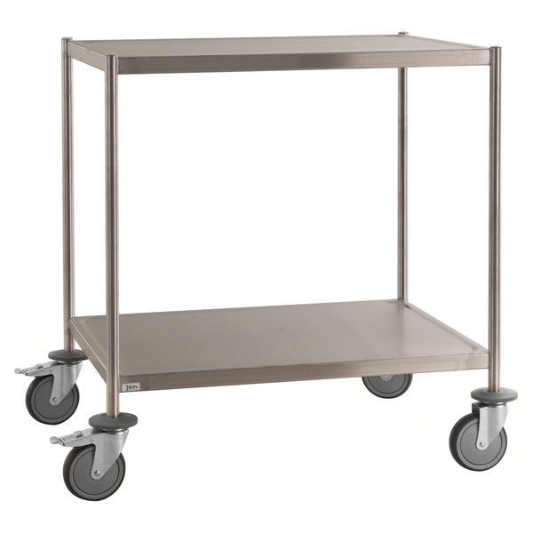 Servierwagen aus Edelstahl mit zwei Ablageflächen und Rollen