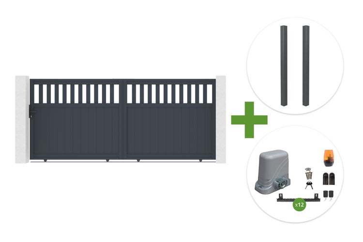 Doppelflügeltor aus Metall mit Zaunpfosten und elektrischem Torantrieb