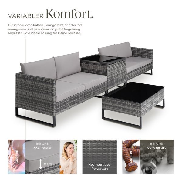 Rattan Lounge tectake Ostuni mit Sicherheitsglasplatte für 4 Personen grau