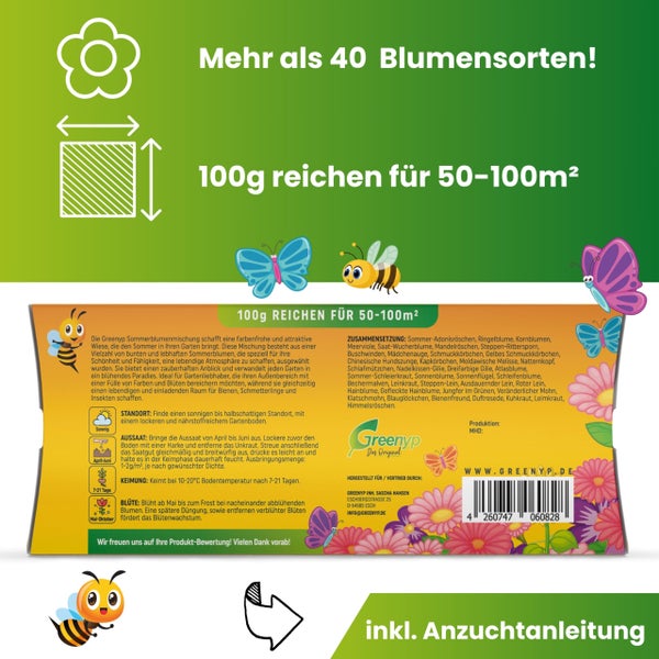 Greenyp Sommer Blumenmischung I 100g für 100m² I Sommerblumenwiese - für Bienen & Schmetterlinge I Blumensamen Mischung ein- und mehrjährig