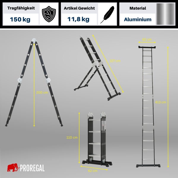 Mehrzweckleiter aus Aluminium von Proregal, Tragkraft 150 Kilogramm, Eigengewicht 11,8 Kilogramm, klappbar mit verschiedenen Arbeitshöhen.