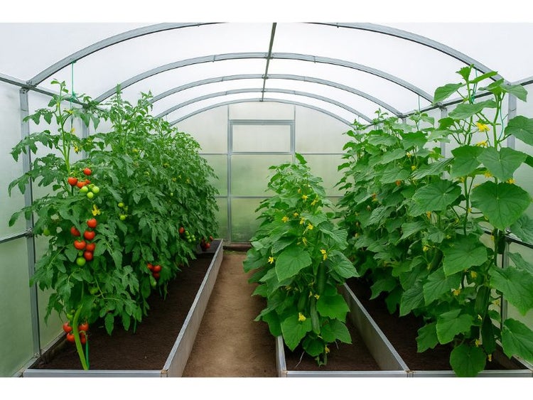 Gewächshaus mit Tomaten- und Gurkenpflanzen in Hochbeeten