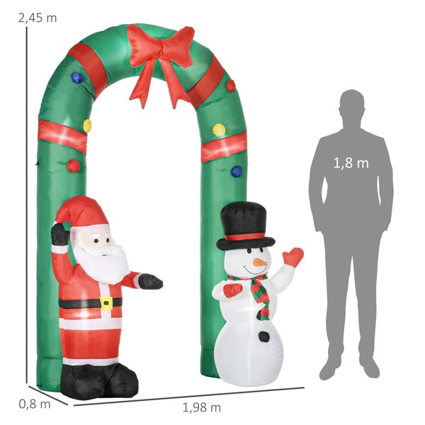 HOMCOM Aufblasbarer Weihnachtsdeko, Torbogen mit Weihnachtsmann und Schneemann, integriertes Gebläse, Wassserdicht, 198L x 80B x 245H cm, Polyester, Mehrfarbig