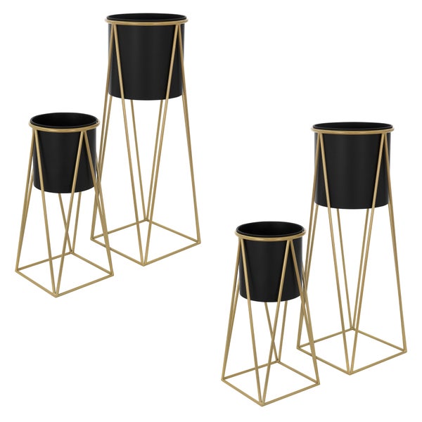ML-Design Blumenständer 4er Set, Schwarz-Gold, 21,8x22x47cm/25x25x71cm, Stahl, Blumentopfständer mit Übertopf, Metall Pflanzenständer, Blumentopfhalter 4-tlg, Pflanztopf Deko Blumensäule Blumenhocker
