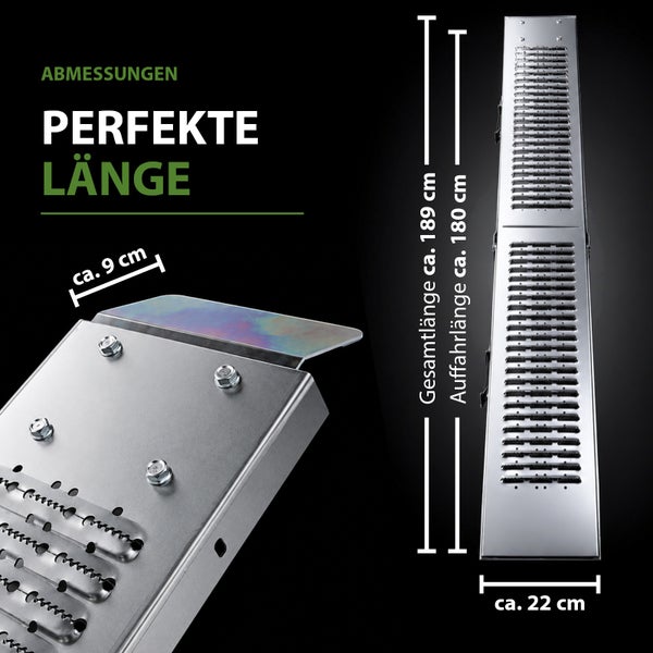 Auffahrrampe aus Metall: Gesamtlänge circa 189 Zentimeter, Auffahrlänge circa 180 Zentimeter, Breite circa 22 Zentimeter, Auflage circa 9 Zentimeter.
