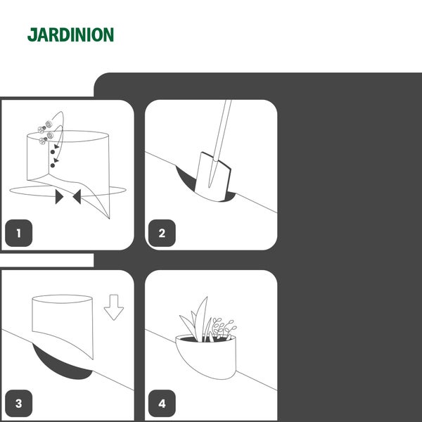 JARDINION Logo. Montageanleitung für Rasenkanten in vier Schritten: Verbinden der Teile, Graben ziehen, Einsetzen und Bepflanzen.