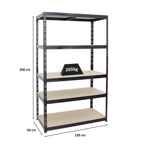 PROREGAL Schwerlastregal Giant Tiger HxBxT 200 x 120 x 60 cm Fachlast 265 kg 5-Ebenen Schwarz