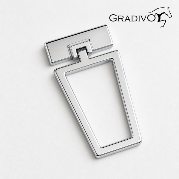 Gradivo Möbelgriff, Fallgriff aus verchromtem Metall in Trapezform. Gradivo Logo.