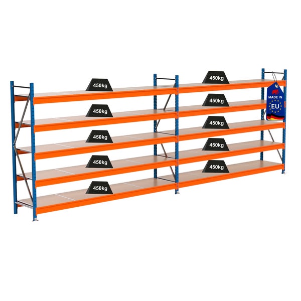 Lagerregal mit Fachböden und Tragkraftangabe 450 Kilogramm, Hergestellt in der Europäischen Union