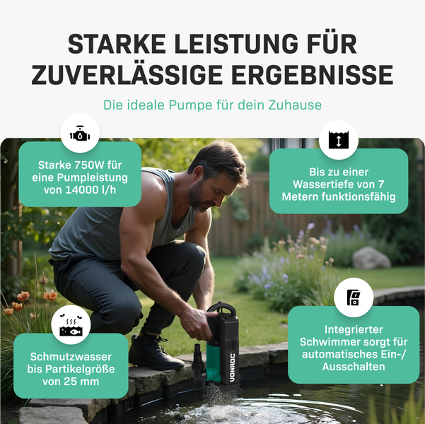 VONROC Tauchpumpe mit integriertem Schwimmer [750W] - Schmutzwasserpumpe für Keller, Pool, Gartenteich - Flachsaugend max Höhe [7,5m] - 1400 l/h für sauberes und schmutziges Wasser