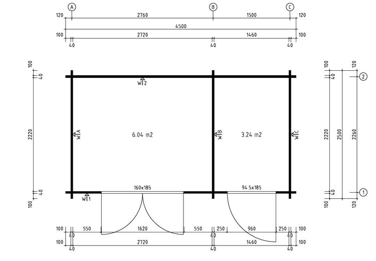 Technische Zeichnung eines Gartenhauses mit Grundriss, Maßen und Wandaufbau.