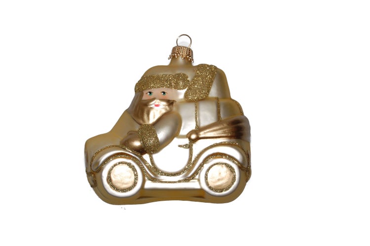 Gold 9cm Weihnachtsmann in seinem Auto, mundgeblasenes Glas, handdekoriert (1), 1 Stck., Weihnachtsbaumkugeln, Christbaumschmuck, Weihnachtsbaumanhänger
