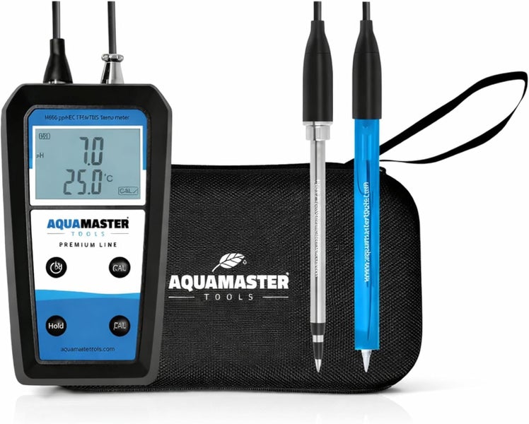 Aquamaster Tools Kombimessgerät für pH-Wert und Temperatur inklusive zwei Sonden und schwarzer Tasche.