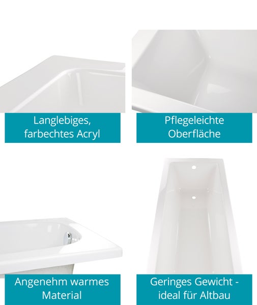 Eigenschaften einer Acryl-Badewanne: langlebig, farbecht, pflegeleicht, angenehm warmes Material und geringes Gewicht.