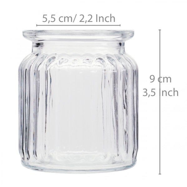 Gerilltes Glasgefäß, Höhe 9 Zentimeter, Öffnungsdurchmesser 5,5 Zentimeter.