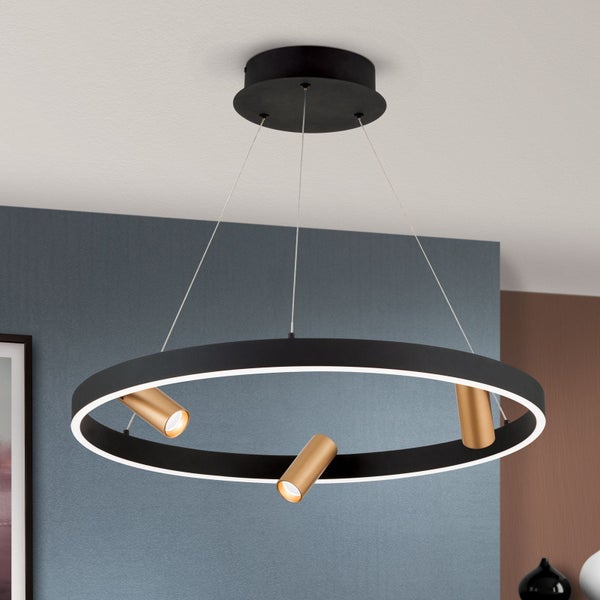 Moderne runde LED Pendelleuchte mit drei verstellbaren Strahlern zur Beleuchtung im Innenbereich.