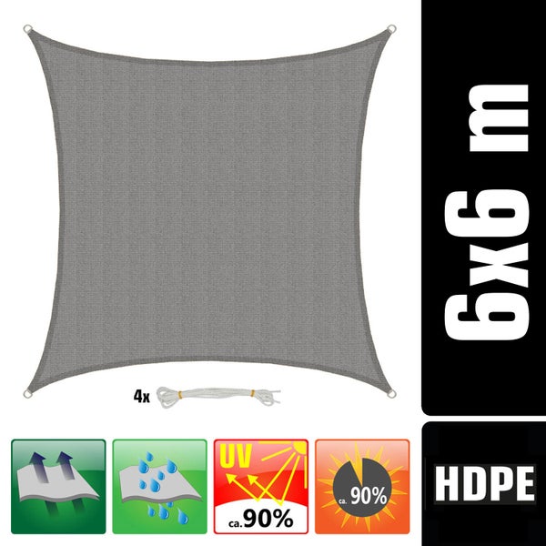 Quadratisches Sonnensegel aus HDPE, 6 mal 6 Meter. Inklusive 4 Seilen. Luft- und wasserdurchlässig, UV-Schutz circa 90 Prozent.