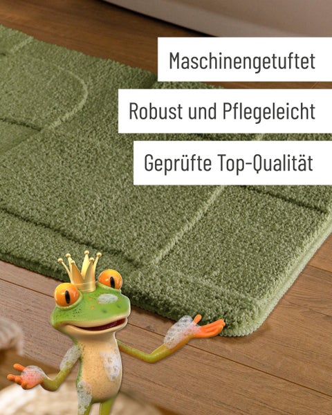 Grüne Badematte, maschinengetuftet, robust und pflegeleicht, geprüfte Top-Qualität, mit Frosch-Maskottchen.