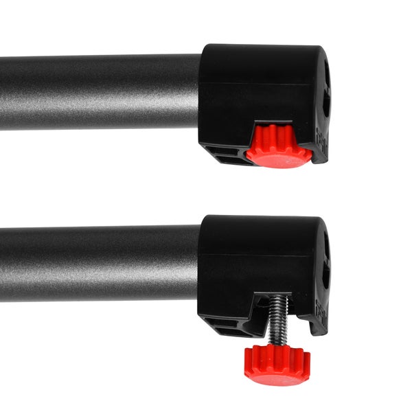 Details von zwei ausziehbaren Stangen mit roten Schrauben zur Befestigung