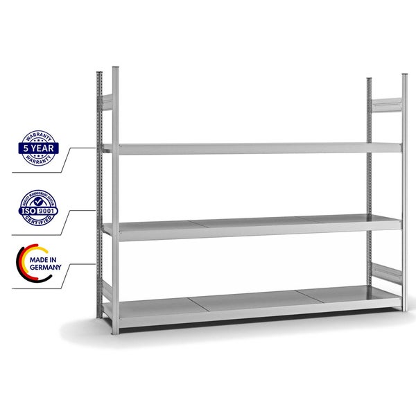 PROREGAL Weitspannregal Stecksystem T-Profil Grundregal HxBxT 200x250x50 cm 3 Ebenen Stahlplatten Fachboden Fachlast 350 kg Verzinkt