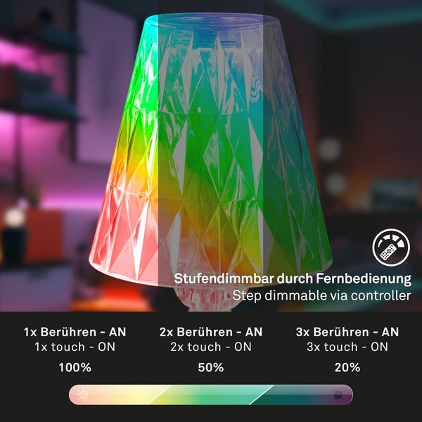 Briloner Leuchten ANIA LED LED Akku Tischleuchte 1x LED USB Anschluss mit ladefunktion Akkubetrieb RGB Fernbedienung Dimmbar 2,3 W 65 lm Kunststoff Transparent