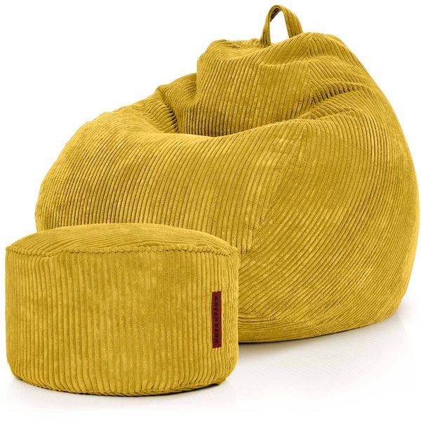 Green Bean© 2er Set Indoor XXL Sitzsack + Pouf mit EPS-Perlen Füllung - Fußhocker Fußkissen Hocker Bodenkissen Liegekissen Sitzkissen Lounge Chair - Gelb