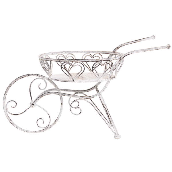 Dekorative Pflanzkarre aus Metall in weißer Shabby-Chic-Optik mit Herzmotiven und einem verzierten Rad.