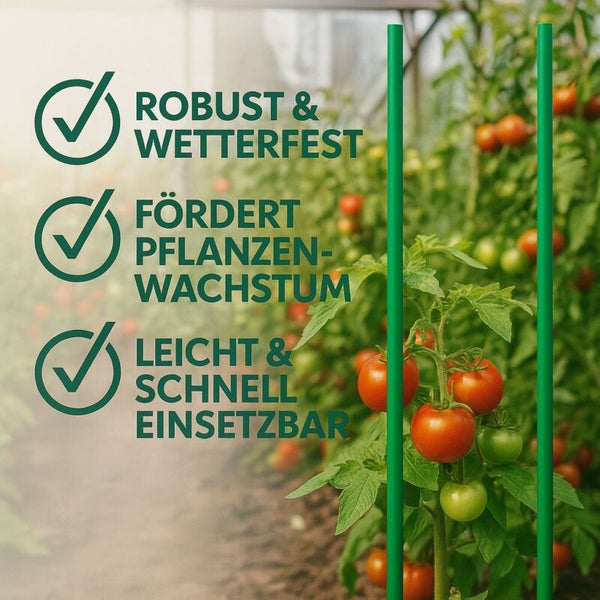 Tomatenpflanze mit Pflanzenstützen und Hinweisen zu Robustheit, Wetterfestigkeit, Förderung des Pflanzenwachstums sowie einfacher und schneller Anwendung.