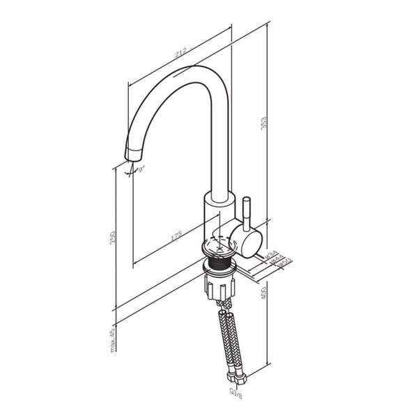 Technische Zeichnung einer Küchenarmatur mit Maßen