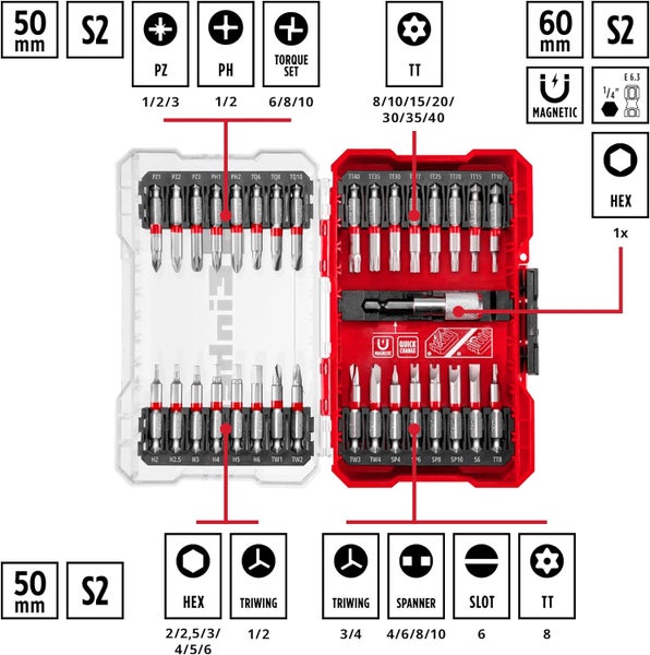 Einhell M-CASE 33-tlg. Bit-Set (für Akkuschrauber und Bohrmaschinen mit 50-mm-Bits aus S2 Stahl, Schnellwechselbithalter aus Karbonstahl inkl. Aufbewahrungsbox)