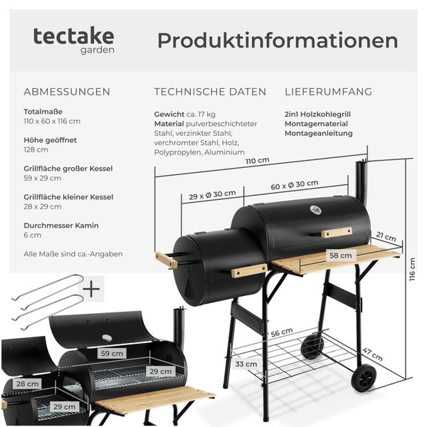 Tectake Garten 2 in 1 Holzkohlegrill mit technischem Datenblatt und Bemaßungen für eine einfache Montage und Übersicht der Grillflächen.