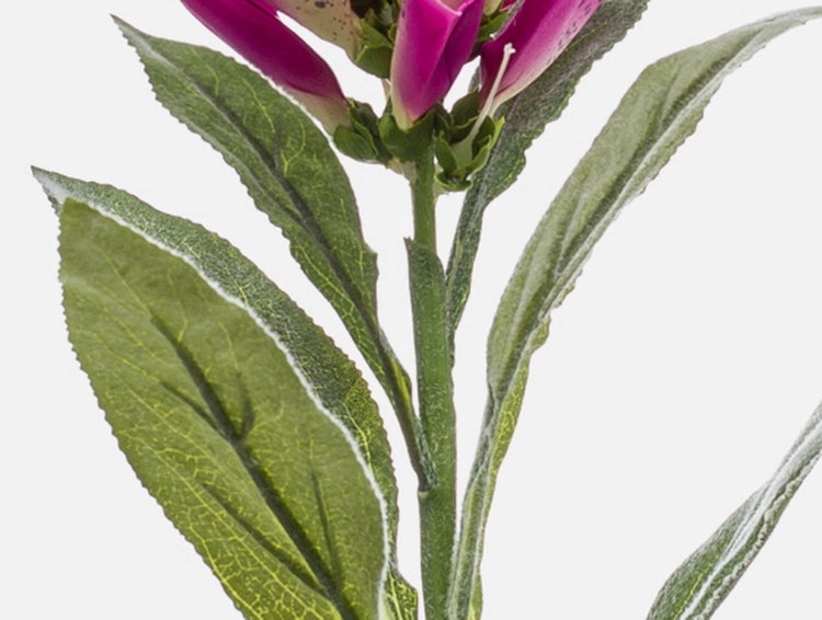 Künstlicher Fingerhut Zweig mit rosa glockenförmigen Blüten und grünen Blättern.