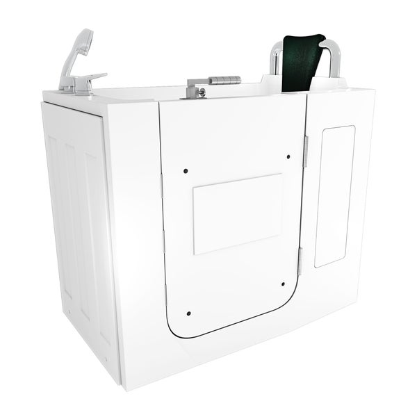 Weiße Sitzbadewanne mit Tür, integriertem Sitz, schwarzer Kopfstütze, Armatur und Handbrause.