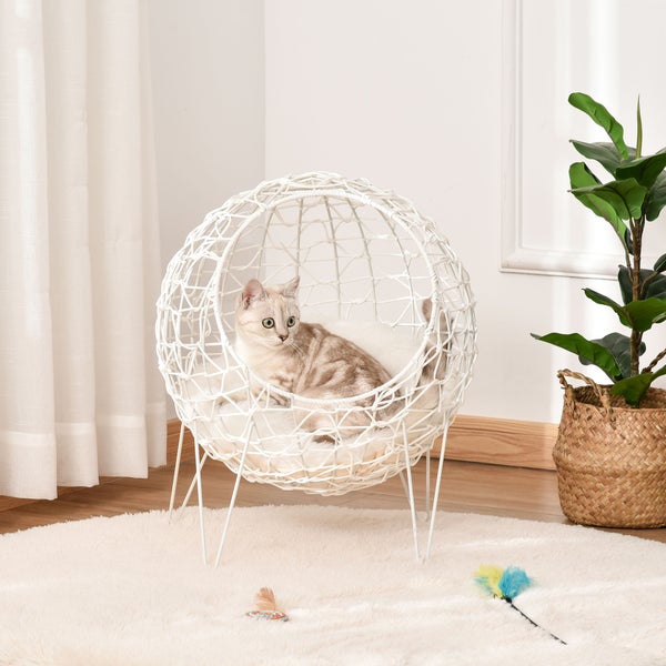 PawHut Katzenbett aus Rattan, Ø45 x 57H cm, PE-Rattan, Cremeweiß