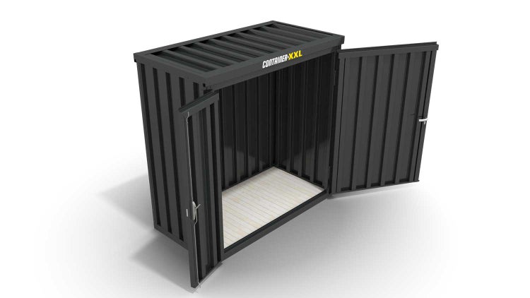 Lagercontainer Gerätehaus XS  – 2 qm, H2150 x B2100 x T1140 mm, Außenwandlackierung anthrazit, Dach außen verzinkt, mit Holzfußboden, 1830 mm Doppelflügeltür mittig in Breitseite, montiert
