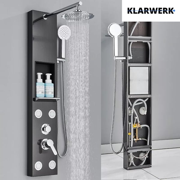 Duschpaneel mit Kopfbrause, Handbrause, Massagedüsen und Ablage sowie Blick auf die Installation von Klarwerk
