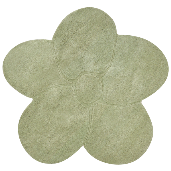 Grüne Badematte in Blumenform aus weichem Textil.