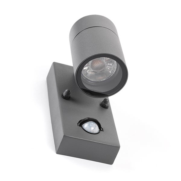 Außenwandleuchte mit Bewegungsmelder, zylindrischer Strahler, Metall, anthrazit.