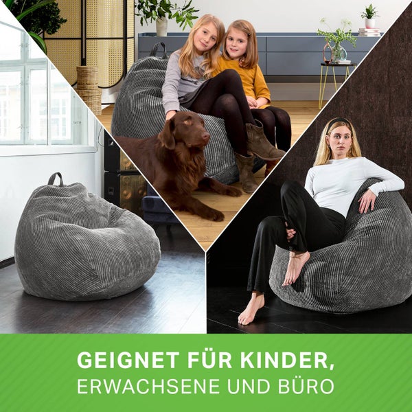 Green Bean Indoor Sitzsack 90x110cm EPS-Perlen Füllung & Cordstoff Kuschelig Weich Waschbar - Drinnen Bodenkissen Liegekissen Sitzkissen Sitzhocker Relax-Sessel Kinder Erwachsene Stoff Anthrazit