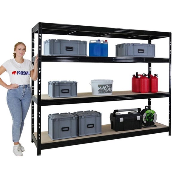 PROREGAL Profi Schwerlastregal Rhino, HxBxT 180x240x60cm, 4 Spanplatten-Ebenen 8mm, Fachlast 450kg, Schwarz