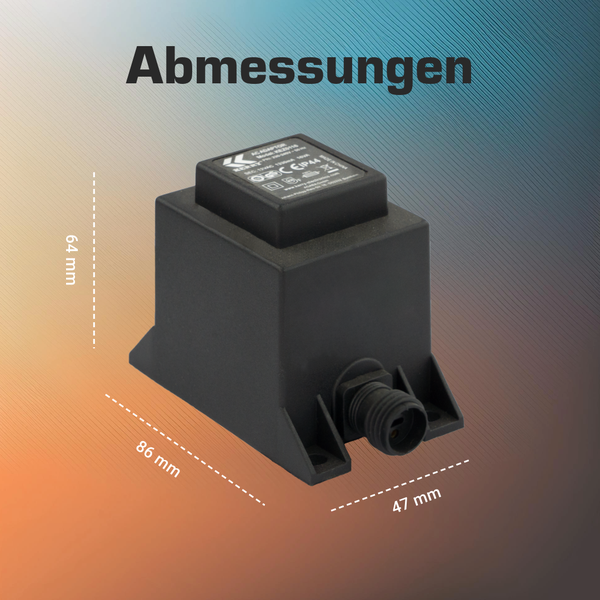 Netzteil mit Abmessungen: Länge 86 Millimeter, Breite 47 Millimeter, Höhe 64 Millimeter.