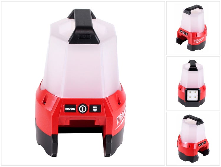Milwaukee M18 Akku-Raumleuchte aus verschiedenen Winkeln mit Bedienelementen, Tragegriff und LED-Beleuchtung.