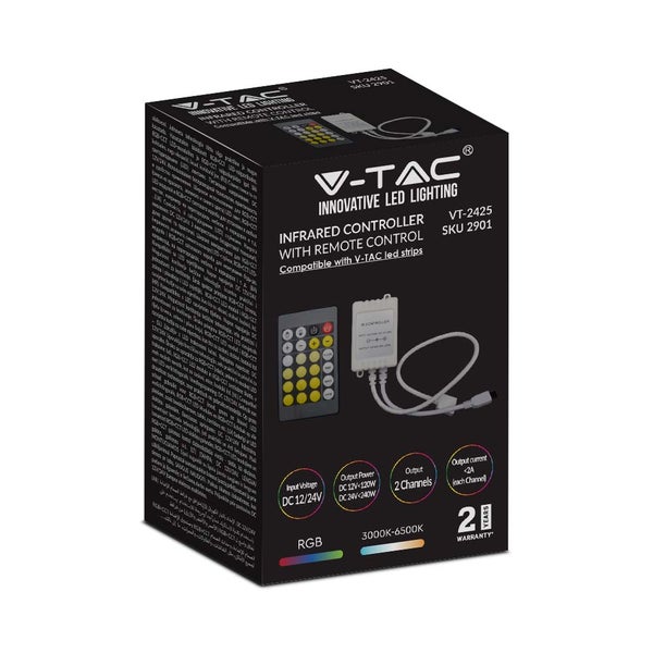 V-TAC Logo. Infrarot-Controller mit Fernbedienung für LED-Streifen, Eingangsspannung 12/24 Volt, Ausgangsleistung 12 bis 24 Volt, zwei Kanäle, Ausgangsstrom kleiner als 2 Ampere, zwei Jahre Garantie