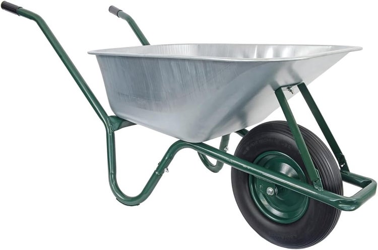 Schubkarre mit Metallmulde und grünem Gestell