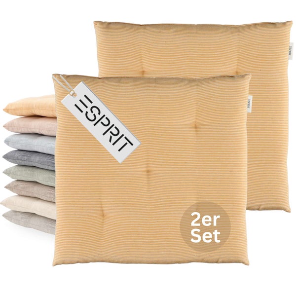 Esprit Logo, zweiteiliges Set quadratische Sitzkissen mit feinem Streifenmuster und Punktsteppung.