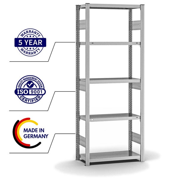 PROREGAL Fachbodenregal Stecksystem T-Profil Heavy-Duty Grundregal HxBxT 200 x 75 x 30 cm 5 Ebenen Fachlast 300 kg Beidseitig Nutzbar Verzinkt